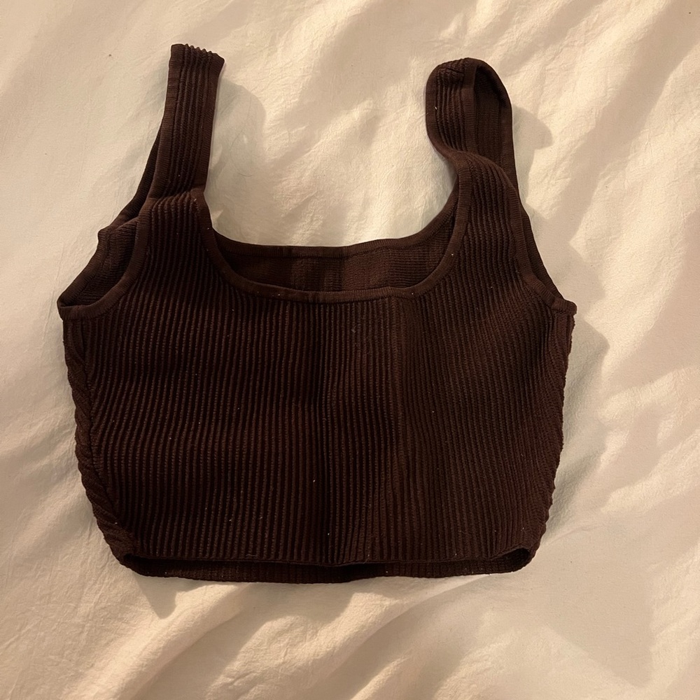 Babaton Brown Ribbed Crop Top - Picture 2 of 3